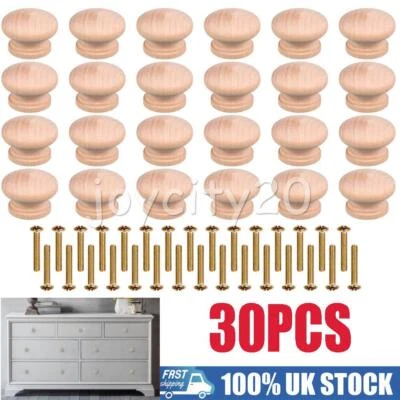 30PCS Wooden Knob Handle Kitchen Door Drawer Solid Oak Wood 27mm Diameter Round - Image 1 of 4