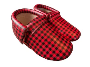 Monkey Feet Moccasins Checkered Plaid Buffalo Red Shoes Size 12-18 Month New - Picture 1 of 7