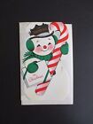 K754  Vintage Unused Xmas Greeting Card Die Cut Snowman Holding Candy Cane