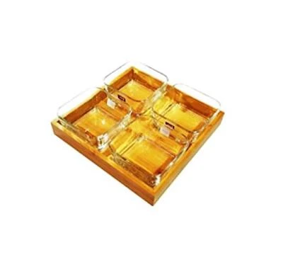 Deli -Wooden Tray with Glass Bowls Set of 4 PC for Serving Dry Fruit, (8.5 Inch) - Image 1 of 4