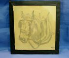 Vintage 1930's Signed Pencil Drawing Shire Horse Harness Animal 8" x 8" Glass