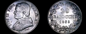 1865-XXR Italian States Papal States 20 Baiocchi World Silver Coin - Pius IX - Picture 1 of 1