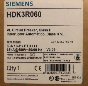 SIEMENS HDK3R060 / 3VL2506-2PB30-0AA0, 60A, 3P, ETU/LI, VL DISYUNTOR NUEVO - Imagen 1 de 5