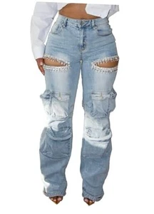 Women Rhinestone Cargo Jeans High Waisted Baggy Sexy Sparkly Cut Out Ripped - Picture 1 of 7