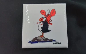 BRAD TONNER TWIN DESIGNS VTG FRIDGE MAGNET PENGUIN LOBSTER CERAMIC TILE CARTOON - Picture 1 of 12