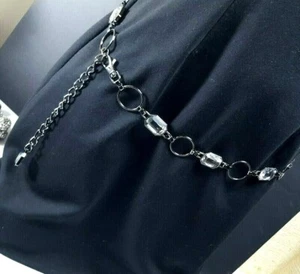 Womens Gunmetal black/grey Tone Metal Chain Link blue Rhinestone Belt 19bb4-58 - Picture 1 of 5