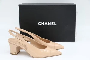 CHANEL Patent Calfskin Cap Toe CC Slingback Pumps EU 38 US 8 - Beige - Picture 1 of 22