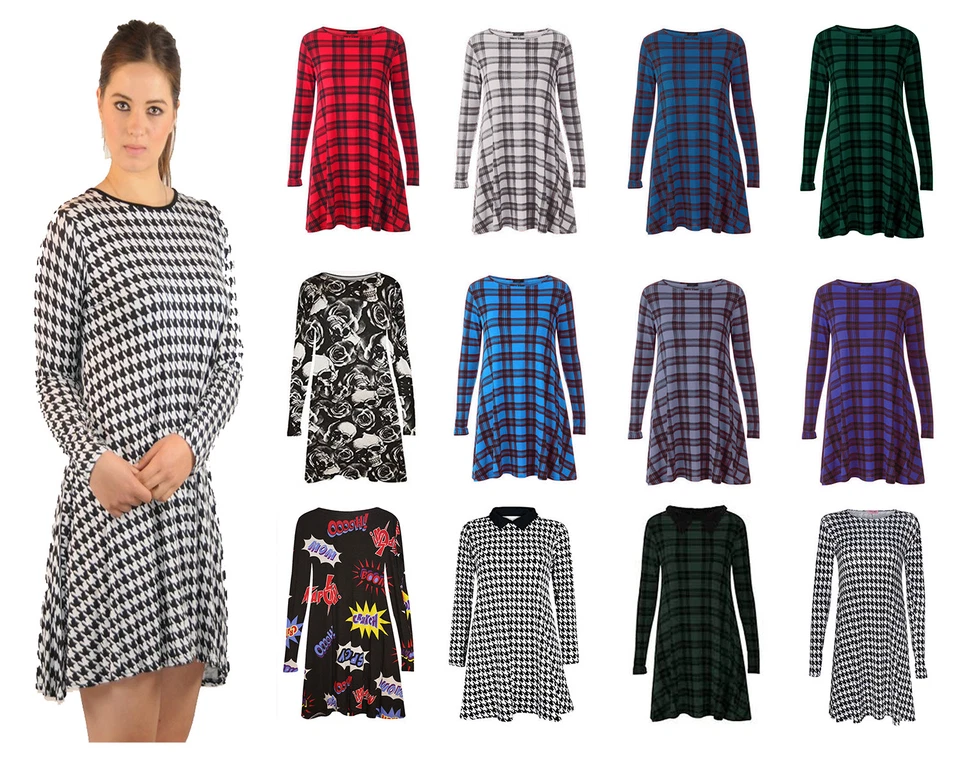 WOMENS TARTAN SWING DRESS SKATER TOP LADIES TARTAN PRINT SKULL PRINT SWING DRESS