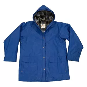 Vintage Misty Harbor Hooded PVC Rain Coat Size M Snap Button Blue Plaid Jacket - Picture 1 of 14