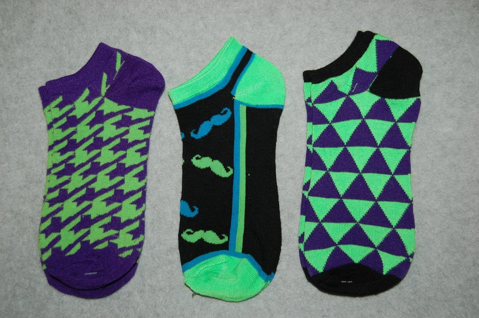女士船袜 3 双适合 4-10 鞋绿色紫色浅绿色胡子三角形 — 第 1/1 张图片