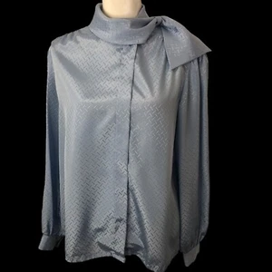 Vintage Aspirations blaue Bluse Schleife Kragen Gr. 16 80er Jahre Büro Kern Sekretär - Bild 1 von 12