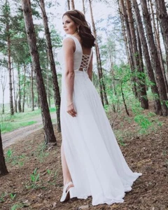 Shiny Chiffon White Maxi Dress with Empire Waist and Lace-Up Back - Picture 1 of 8