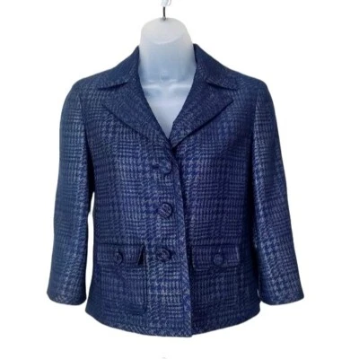 TALBOTS Womens Blazer SZ 0P Hounds tooth Navy Academia Metallic Glitter Boxy - Image 1 of 4
