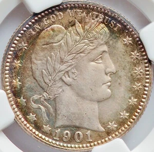 1901 NGC PR65 $2,130 APR This Coin! Rainbow Proof Barber Quarter -- Silver 25C - Picture 1 of 4