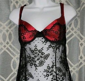 Victoria's Secret Babydoll Slip 36B Red Silk Black Lace Nightie Dress Vtg Y2K  - Picture 1 of 6