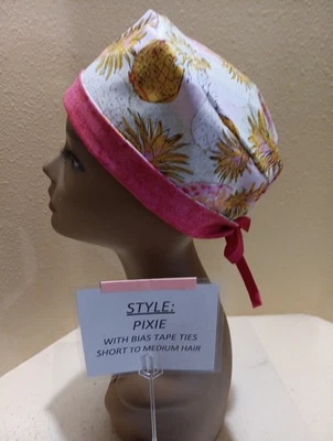 Pinapple (pink) Pixie Skull Women's Surgical Scrub Hat/Cap Handmade - Image 1 of 4
