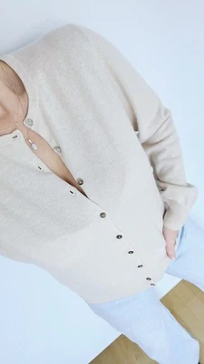 M&S 100% Pure Cashmere Cardigan Sweater Jumper Knit Size 14 XL Dark Cream - Image 1 of 4