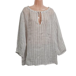 Eileen Fisher Thin Gauzy Boxy Wide Neck Top Women Size XL White Striped Linen - Picture 1 of 16