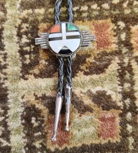 Vintage Zuni Sunface Sterlingsilber MOP & Edelstein-Inlay Bolo Bola Krawatte 38" - Bild 1 von 24