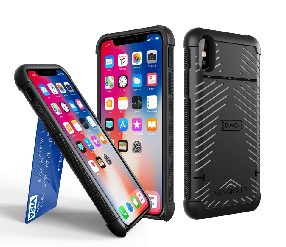 Scooch Wingmate Case for iPhone X XS Wireless Charging 3 Card Storage Black