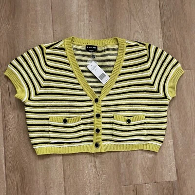 Bebe Women’s Button Front Cropped Cardigan Sweater Yellow Black Size L NWT - Image 1 of 4