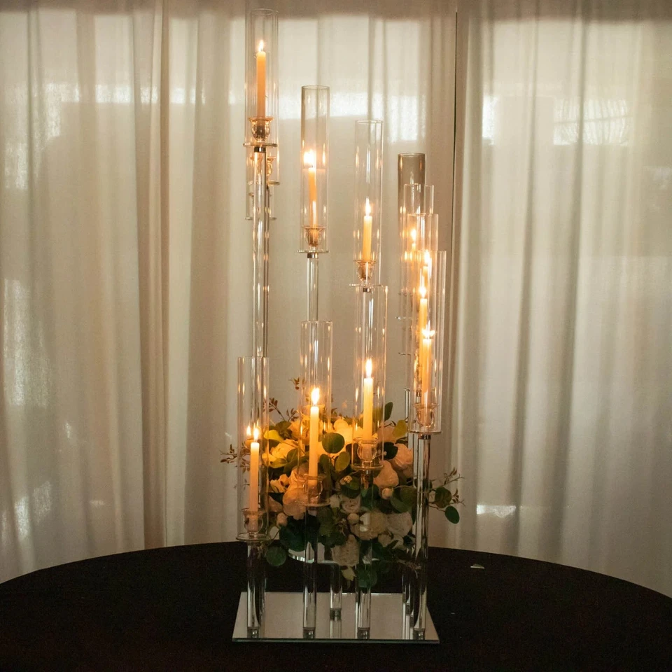 Candelabro cuadrado de cristal transparente de 12 brazos de 4,5 pies para fiesta Foto 1 de 4