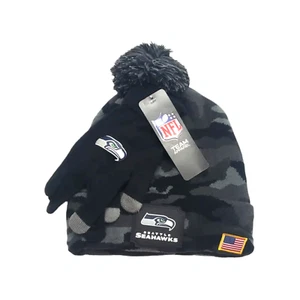 Seattle Seahawks NFL Brand Camo Cuffed Pom Knit Skull Hat Gloves Set Gray OSFM - Picture 1 of 8