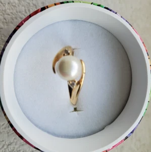 MASSIVER 14K YG RING mit Perle und 2 kleinen Diamanten, Gesamtgewicht 2,8 gr - Bild 1 von 5