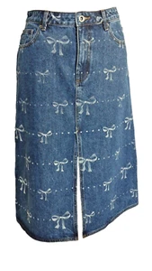 Self Portrait Bow Print Denim Blue Midi Skirt USA Size 6 - Picture 1 of 12