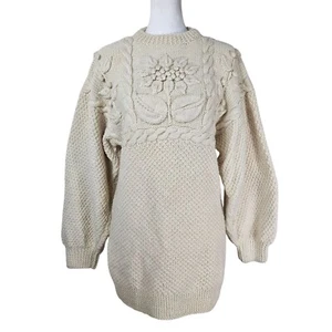 VTG Cooleen Irish Wool Handmade Fisherman Sweater M Cream 3D Knit Flower Neutral - Picture 1 of 11