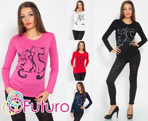 Women's New Classic Blouse Top CATS Logo Long Sleeve Hot Colors Crew Neck FB1009 - Picture 1 of 9