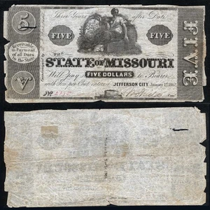 1862 $5 Jefferson City LO STATO DEL MISSOURI moneta obsoleta S/N 2875 firmata - Foto 1 di 1