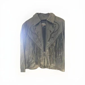 Leather Fringe Jacket King Thinsulate Lace Floral Design Cinched Back Coat Sz L - Picture 1 of 5
