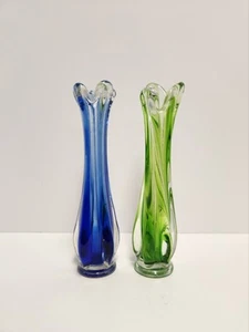 Lot of 2 Vintage Swung Glass Vases Blue Green Art Glass Retro Home Decor - Picture 1 of 7