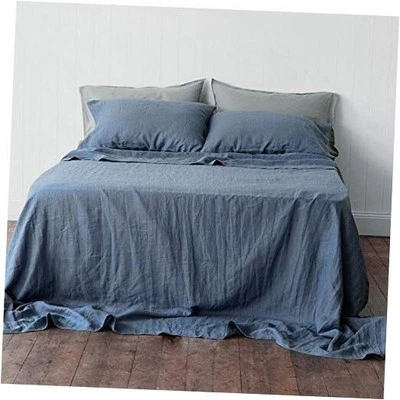  Sábana plana de lino francés solo 55% euro lino básico-azul marino completo Foto 1 de 4