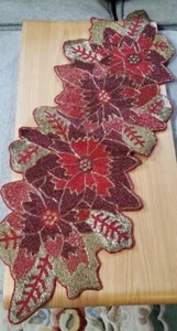 HOLIDAY Cynthia Rowley Red Gold Pointsettia Beaded 13 x 38" Table Runner - Picture 1 of 4