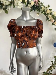 Influence Satin Crop Top Blouse Size 8 & 12 Brown Leopard Shirred Ruched MJ40 - Picture 1 of 11