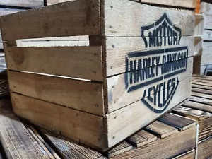 HARLEY DAVIDSON RUSTIC WOODEN APPLE BOX CRATE TRUNK - MAN CAVE / SHE SHED - Picture 1 of 51