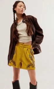 Free People Bali Rhapsody Embellished Beaded Corduroy Shorts Pleated Gold S NEW - Picture 1 of 6