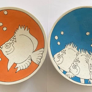 Global Views Large Decorative Dish Set Of 2 Blue And Orange Fish - Picture 1 of 6