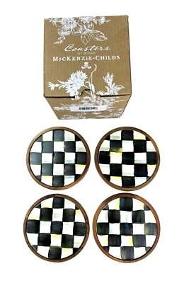MacKenzie Childs Set of 4 Courtly Check Enamel Coasters on Wood New Box - Image 1 of 4