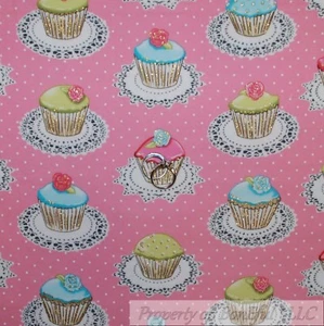 BonEful Fabric FQ Flannel Quilt Pink White Dot Cup*cake Girl Rose Flower Glitter - Picture 1 of 12