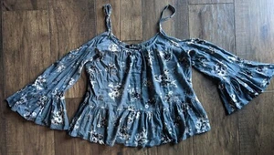 LULUS Size M Slate Blue Floral Tiered Ruffle Cold Shoulder Flowy Top & Ruffles - Picture 1 of 12
