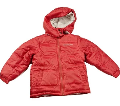 M 5/6 Little Boy's Calvin Klein Jeans Hooded Puffer Jacket Fleece Lined Red - Image 1 of 4