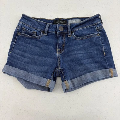 Aeropostale 00 Midi Denim Shorts Cuffed Dark Wash Blue Jean Shorts - Image 1 of 4
