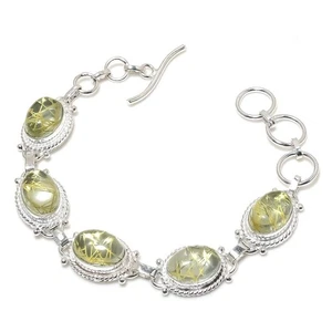 Rutilated Quartz Gemstone 925 Sterling Silver Jewelry Bracelet Size 7-8" - Picture 1 of 1