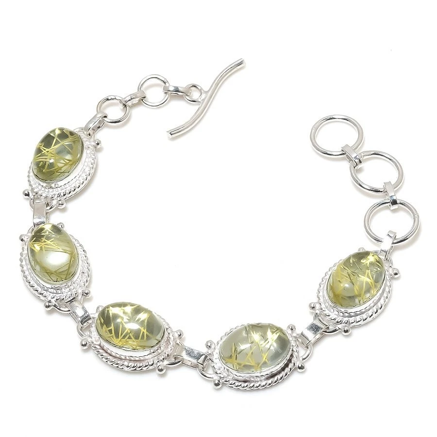 Rutilated Quartz Gemstone 925 Sterling Silver Jewelry Bracelet Size 7-8" - Image 1 of 1