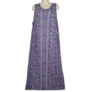 J Jill Maxi Dress Womens L Purple Navy Sleeveless Floral Jersey Knit Boho Summer - Picture 1 of 11
