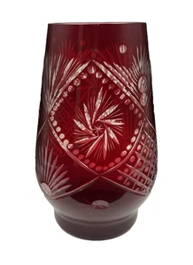 Czech Bohemia Ruby Red Glass Cut Clear Pinwheel Star Sunburst Candle Holder Vase - Picture 1 of 14