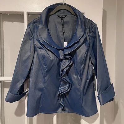 Samuel Dong Wire Ruffled Zip Front Blouse Jacket Blue Large Slim Fit READ DESCRI - Image 1 of 4